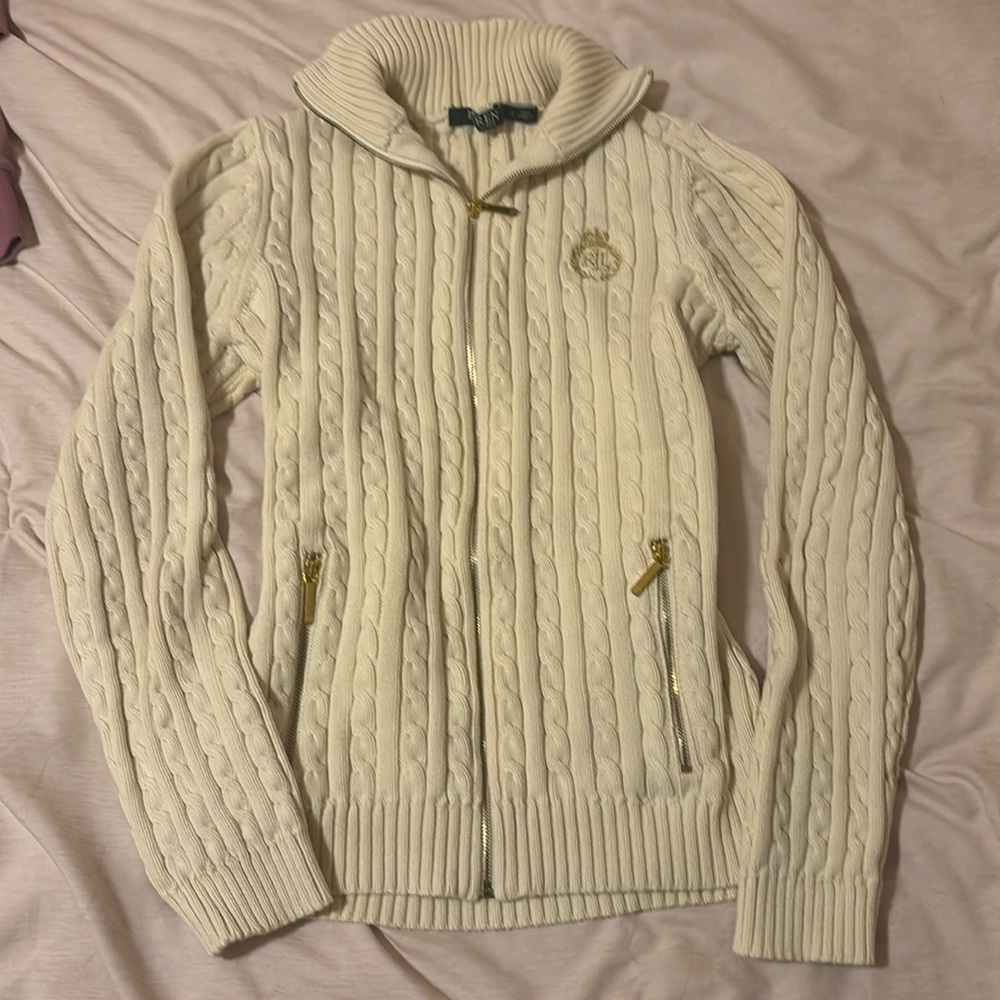 ralph lauren cream cable knit zip up